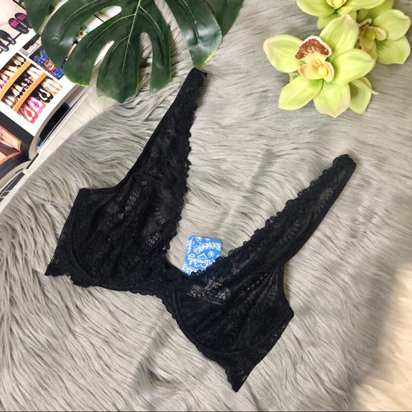 NEW Free People Black Lace Underwire Plunge Bra Sz 34B - Picture 2 of 11